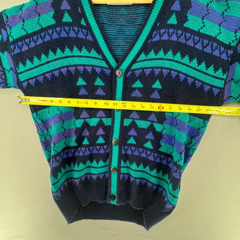Vintage McGregor Mens Geometric Cardigan Sweater Teal Purple Navy Blue Medium